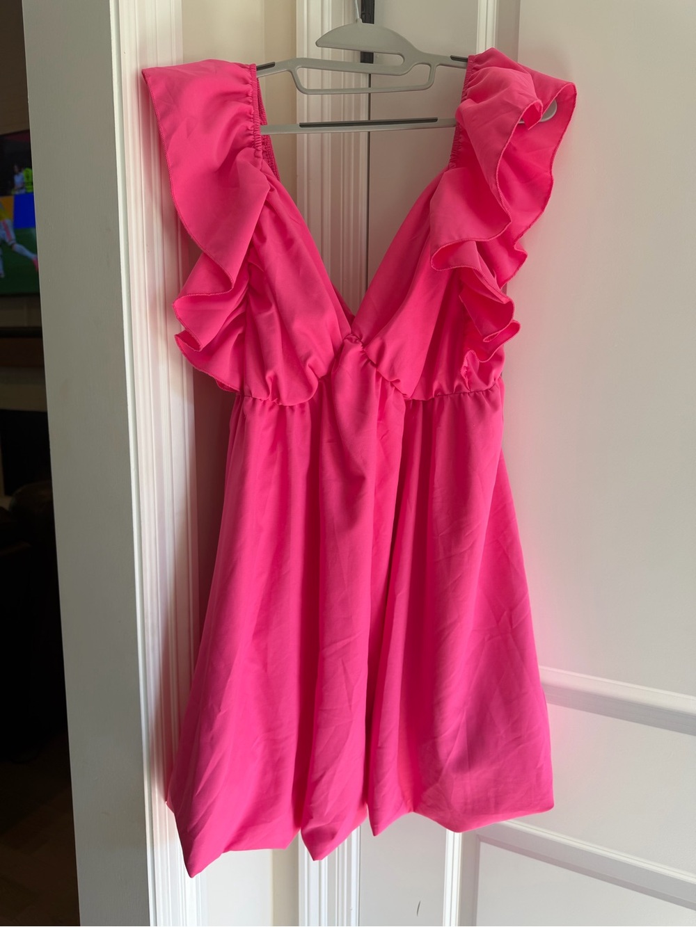 Bright Pink Ruffle V-Neck Mini Dress